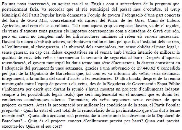 Prec del PPC al ple de l'Ajuntament de Gav&agrave; sol&middot;licitant informaci� sobre les millores realitzades per l'Ajuntament a la banda muntanya de Gav� Mar i sobre el projecte d'enllumenat de la zona (25 de Febrer de 2010)